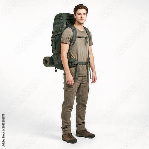 Young Male Hiker Wearing Full Gear Tactical Backpack Standing Against a Plain White Studio Background for Outdoor Adventure Preparation