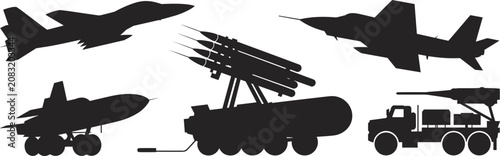 Bild auf Leinwand Military vehicles and jet aircraft silhouettes with missile launchers representi