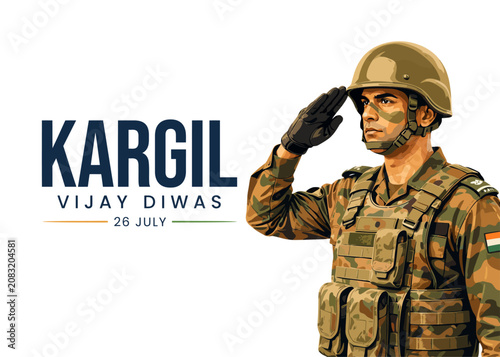 Kargil Vijay Diwas Indian Soldier Saluting Vector Portrait Illustration