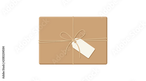 Brown kraft paper parcel tied with twine and blank tag in minimalist flat vector style for e-commerce delivery branding