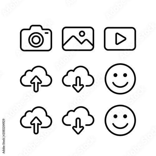 A collection of clean, minimalist vector line icons depicting digital media, cloud storage, and social communication symbols on a white background.