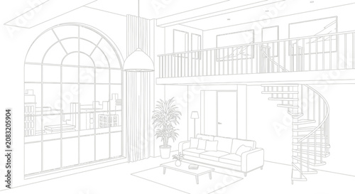 Bild auf Leinwand Modern loft apartment interior sketch with spiral staircase and arched window