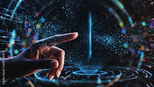 Person touching neon suitcase icon with checkmark in digital space