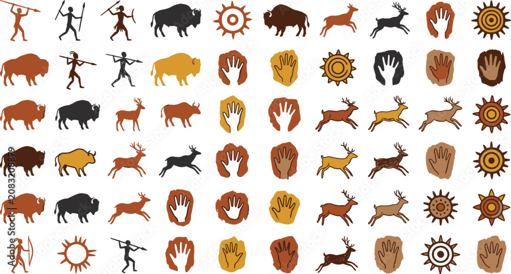 Φωτογραφία Prehistoric cave painting vector icon set featuring primitive human hunters, wil