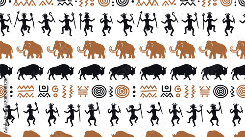 Tableau sur toile Prehistoric cave painting seamless border pattern background featuring tribal sh