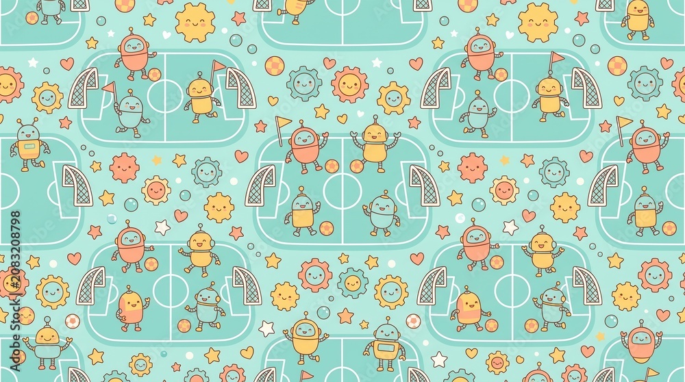 Naklejka premium Cute robots and gears play soccer on mini fields in a cheerful, seamless cartoon pattern