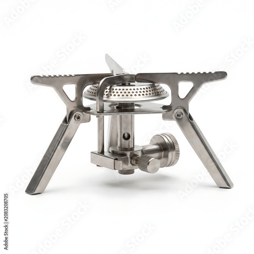 Portable camping stove burner, lightweight folding gas stove for backpacking and outdoor cooking isolated on white background