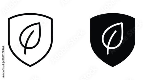 Professional Minimal Vector Icon Shield with leaf icon Editable Stroke, Outline and Solid Style, Black Monochrome, Isolated on White Background
