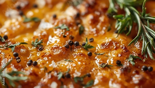 Appetizing close-up of a richly golden baked savory dish, exquisitely seasoned with fresh aromatic herbs and whole black peppercorns, showcasing a mouth-watering texture
