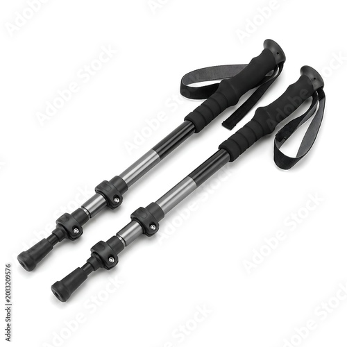Two black adjustable trekking poles for hiking and Nordic walking isolated on white background