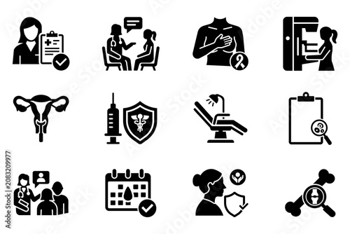 Women's Preventive Care Silhouette Icons Set – Mammogram, Pap Smear, Breast Screening, HPV Vaccination, Gynecology and Female Health