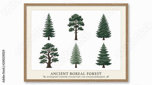 Fotografie Collection of evergreen conifer tree illustrations