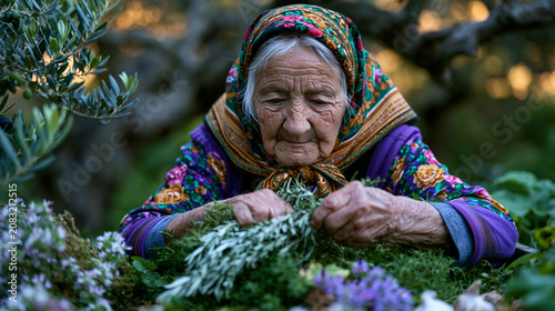 Centenarian woman from Sardinian mountain village harvesting garden herbs at dawn, longevity diet blue zones lifestyle concept for aging wellness and Mediterranean nutrition documentary editorial us