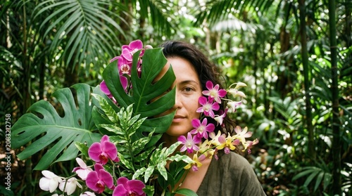 Portrait of a woman partially hidden behind a large monstera leaf and pink orchids. Lush tropical jungle foliage in the background.