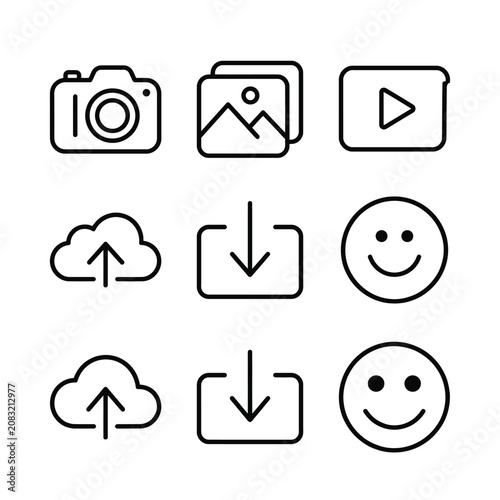 A collection of black outline digital media and interface icons on a white background.