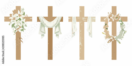 Foto sacred wooden crosses with flowers and fabric vector