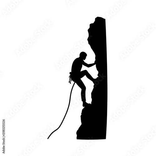 Rock climber silhouette climbing vertical cliff isolated on white background