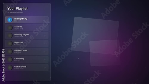 Dark UI Playlist Animation with Glassmorphism Effect and Neon Glow