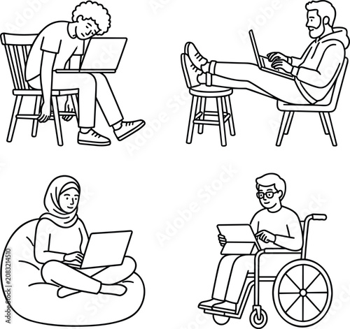 Diverse People Working on Laptops and Tablets in Various Casual Positions and Settings Outline Vector Illustration Set.