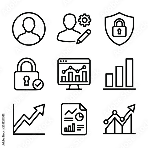 A collection of professional business and management line icons set on a clean white background.