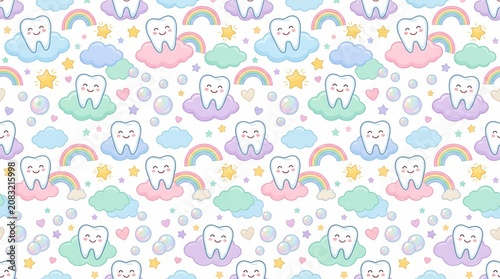 Adorable happy teeth rest on soft pastel clouds with colorful rainbows and sparkling stars
