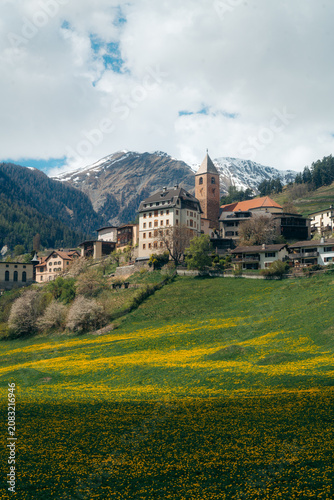 Alpine mountain scenery with blooming meadows and village of Ramosch in spring, Valsot, Engadin Valley, Switzerland