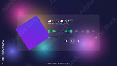 Abstract Glassmorphism UI Animation with Rotating Cube and Soundwave