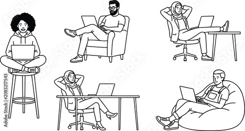 Diverse People Working on Laptops in Relaxed Casual Poses Sitting on Chairs and Beanbags Outline Vector Illustration Set.
