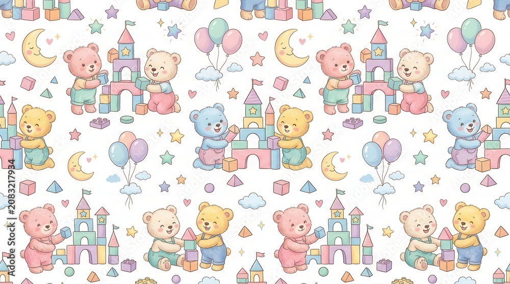 Fototapeta premium Cute teddy bears build imaginative castles with colorful pastel blocks, moons, and stars