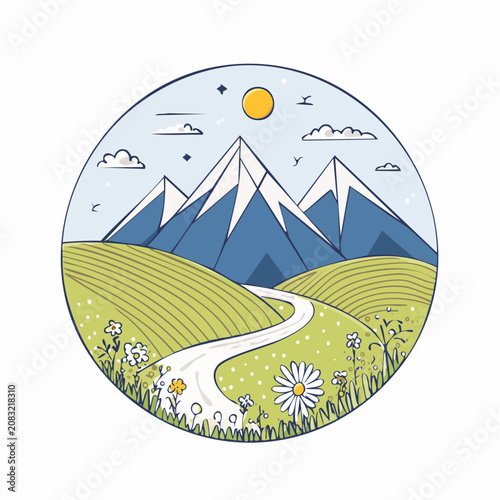 Stylized Mountain Landscape with Winding Road and Flowers