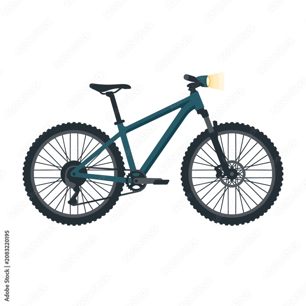 Fototapeta premium Modern Teal Mountain Bike with Front Light and Knobby Tires for Off Road Adventure.