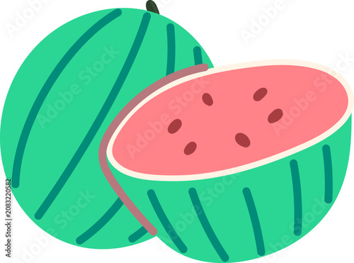 Cute Flat Vector Watermelon with Half Cut Slice and Seeds