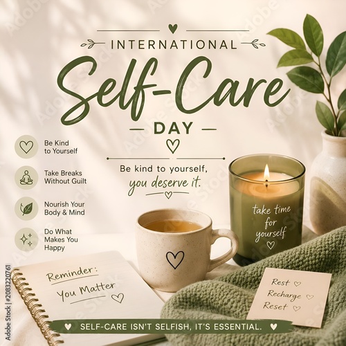 International self-care day with a cozy candle warm drink notebook for, well being