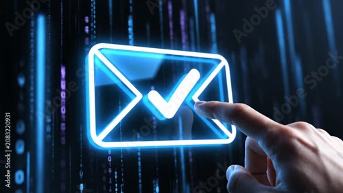 Finger touching glowing blue digital envelope icon with checkmark against dark binary background