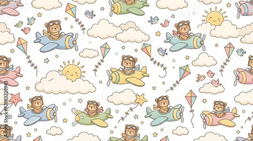 Happy bears fly planes with clouds, kites, birds, and smiling sun pattern