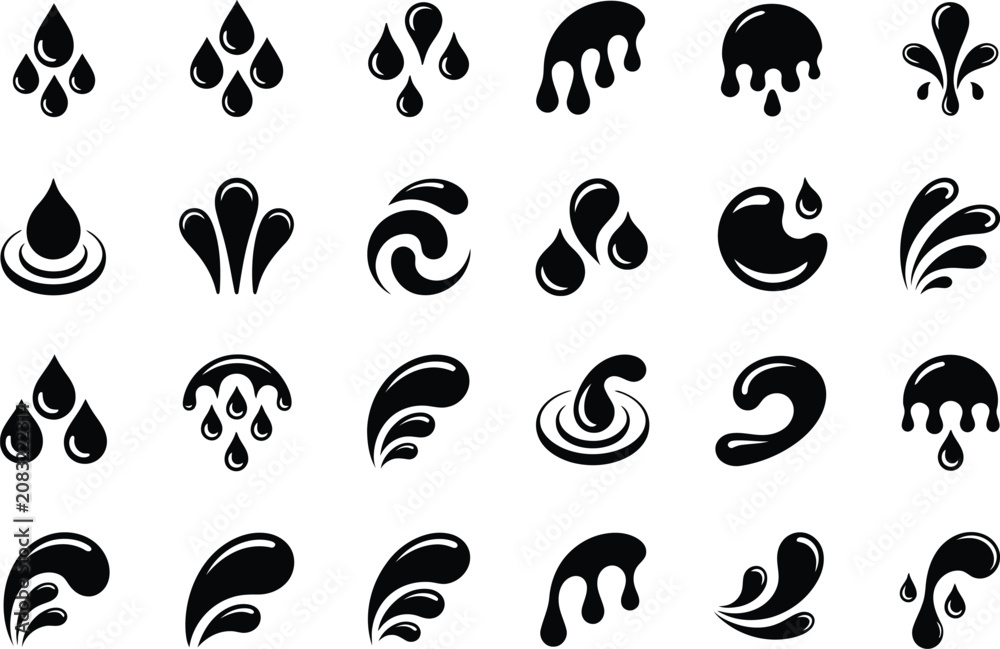 Fototapeta premium Set of water drop and liquid splash elements in various abstract fluid forms and shapes on a transparent background.