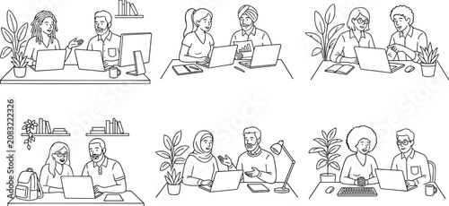 Diverse professional teams collaborating on laptops and working together in modern office environments set of line art illustrations.