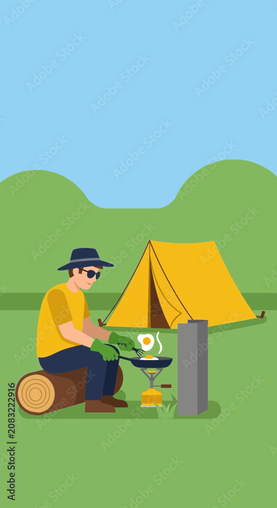 Fototapeta premium Outdoor Camping Cooking Scene With Man Preparing Breakfast