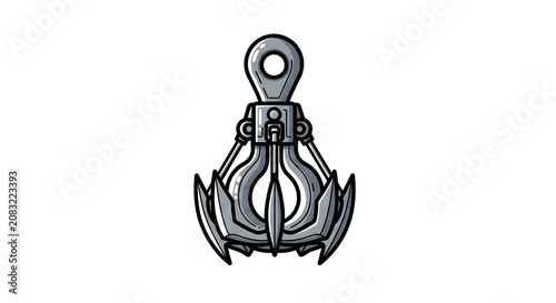 Vector illustration of a heavy-duty steel grappling hook with multiple mechanical curved claws and top attachment ring, isolated on a white background for design use.