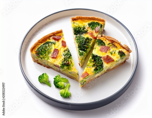healthy broccoli frittata slices on white plate homemade egg casserole with cheddar cheese and bacon savory breakfast quiche with fresh herbs isolated with white background