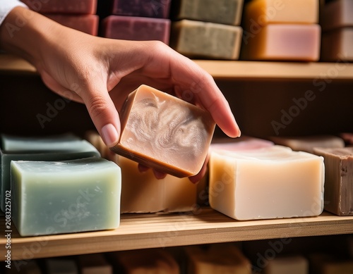 hands evaluate a variety of soap bars on a shelf exploring textures and scents in a delicate balance of selection