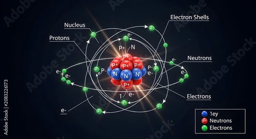 Atomic Structure Diagram with Nucleus, Protons, Neutrons, and Electrons in Orbit