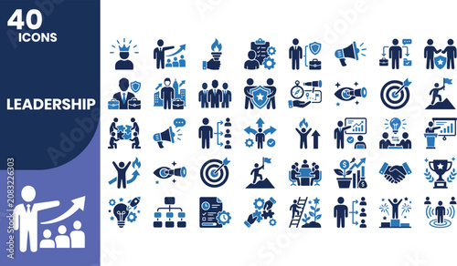 Professional two-tone blue and navy blue leadership solid icon set featuring executives, teamwork, coaching, strategic planning, motivation, business growth, and management symbols.