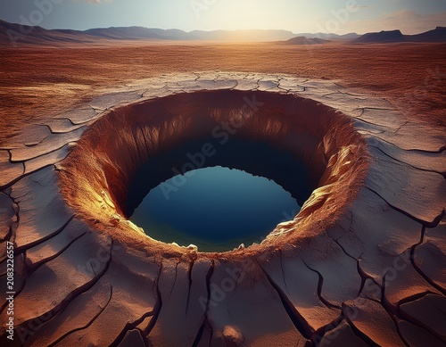 large circular sinkhole in cracked earth