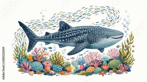 A large whale shark swims peacefully beside a vibrant coral reef filled with many small fish