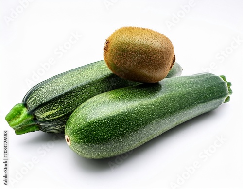 fresh whole kiwi fruit and green zucchini squash organic raw vegetables and fruits healthy vegan food ingredients for cooking and smoothies isolated with white background