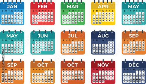 Monthly calendar page vector icons set, colorful yearly agenda planner schedule organizer graphic illustration.