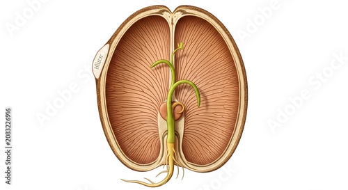 Detailed illustration of a dicotyledonous seed in longitudinal section, showing germination