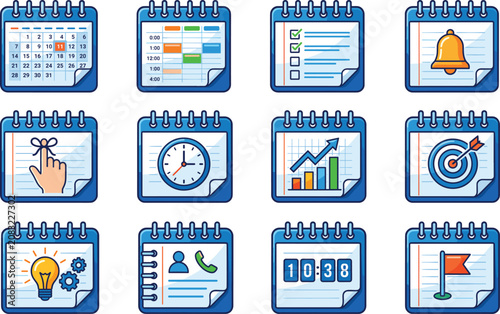 Spiral Calendar Notebook Icons Vector Set with Page Peel Effect.