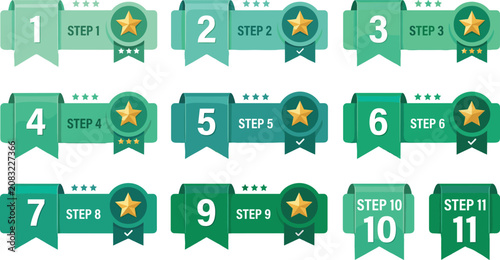 Numbered Ribbon Tabs and Achievement Badges Flat Vector Icon Collection.